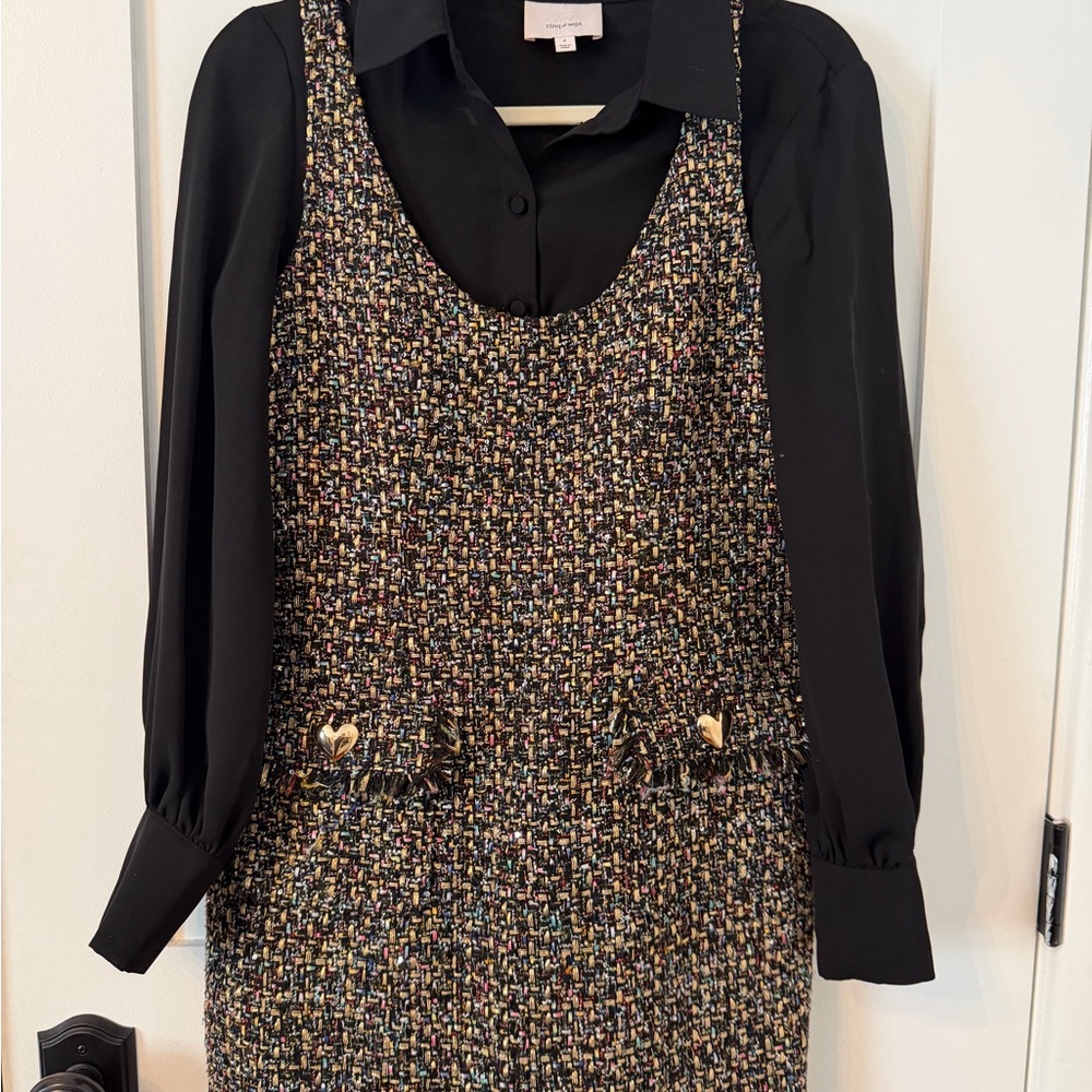 cinq a sept Black Collared Tweed Dress with Multicolor Accents